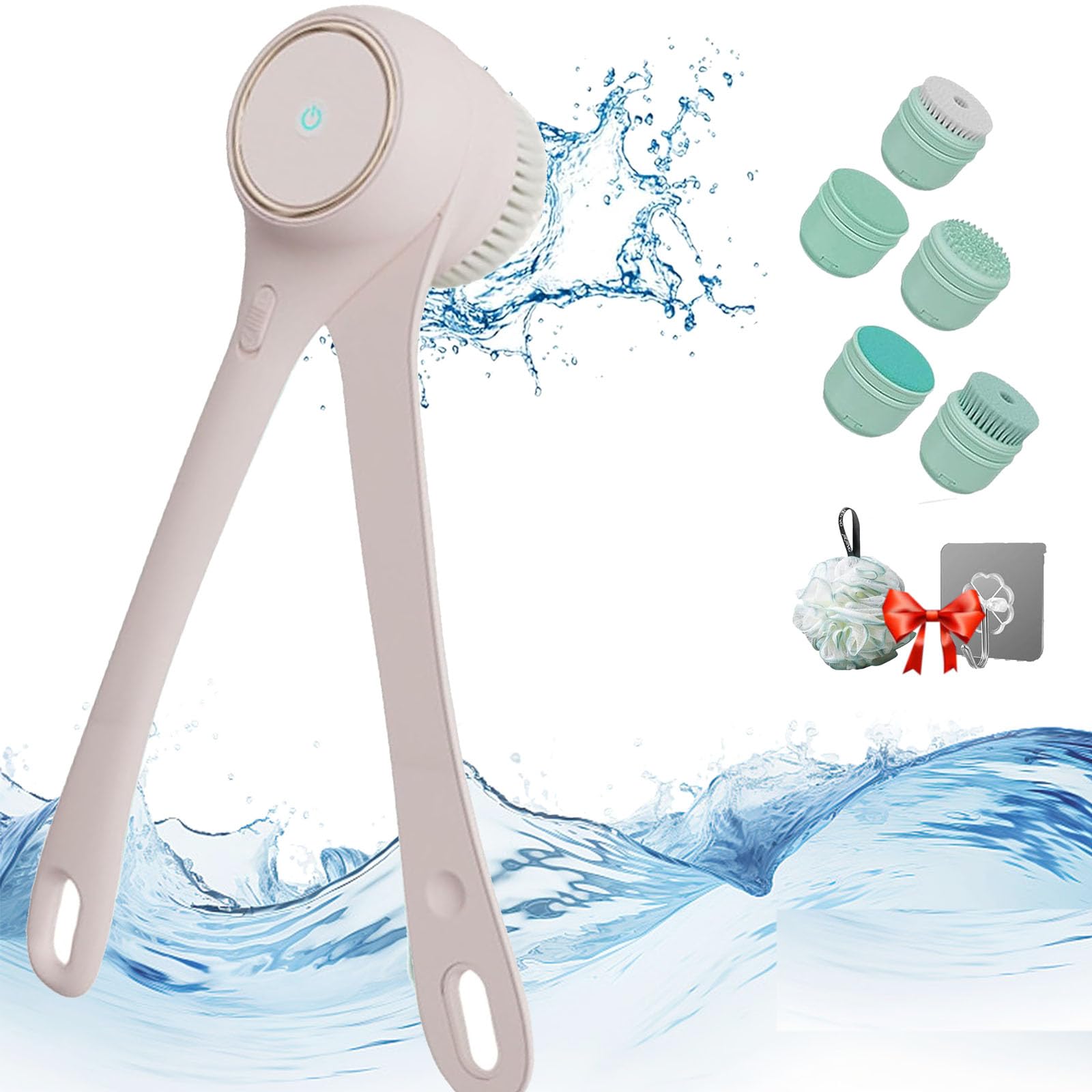 Cepillo de baño de doble mango, cepillo de ducha eléctrico para cuerpo, cepillo de ducha eléctrico, exfoliante, masaje exfoliante, giro automático, recargable, impermeable IPx7 (beige)