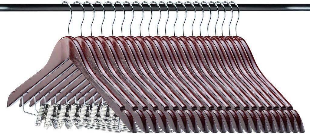 Home-it (20 Pack) Manhogany Wood Solid Wood Clothes Hangers, Coat Hanger Wooden Hangers with Clips