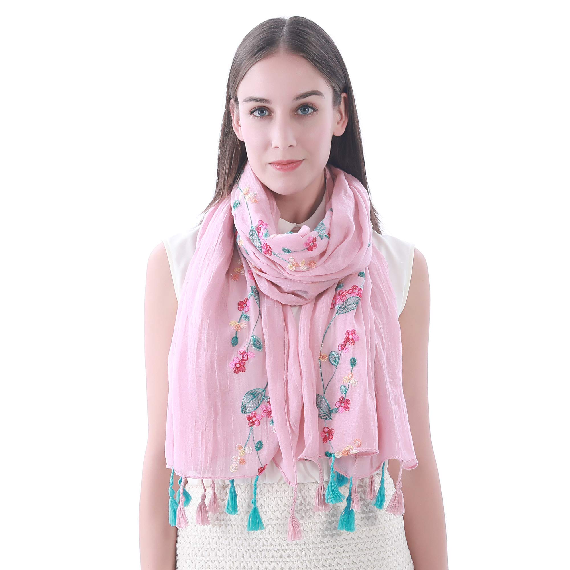 Lina & Lily Women's Dusty Pink Embroidered Floral Tassel Scarf Shawl Lightweight (Dusty Pink)(Size: 180Cm X 90Cm)