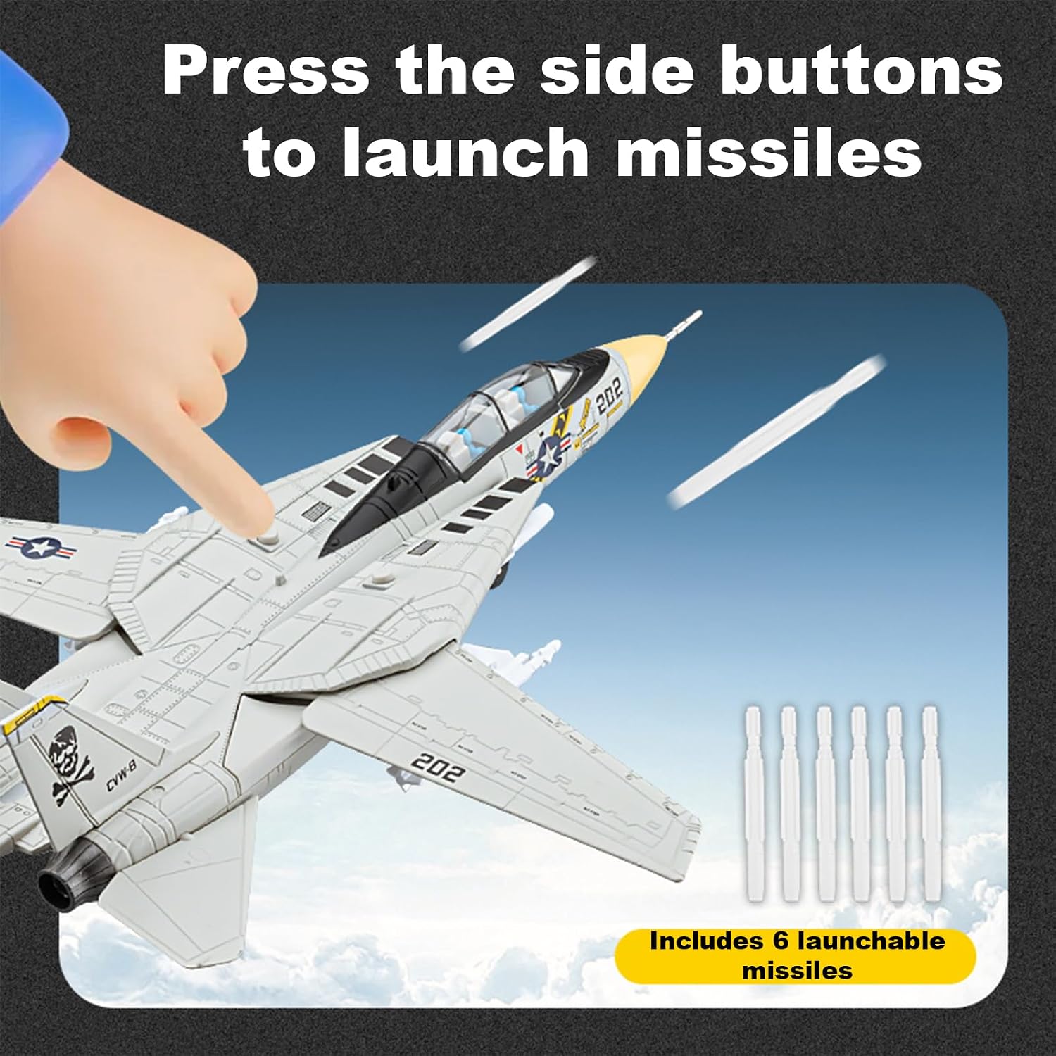 F-14 Tomcat Toy Airplane, Diecast Model Military Fighter Jet, Launch Missiles, Pull-Back, Light and Sound, Age 8+ (White)
