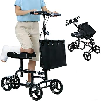 Steerable Knee Roller for Adults with Lockable Handbrake and Basket Height Adjustable Knee Roller as Alternative to Crutches for Broken Foot Recovery After Surgery Black