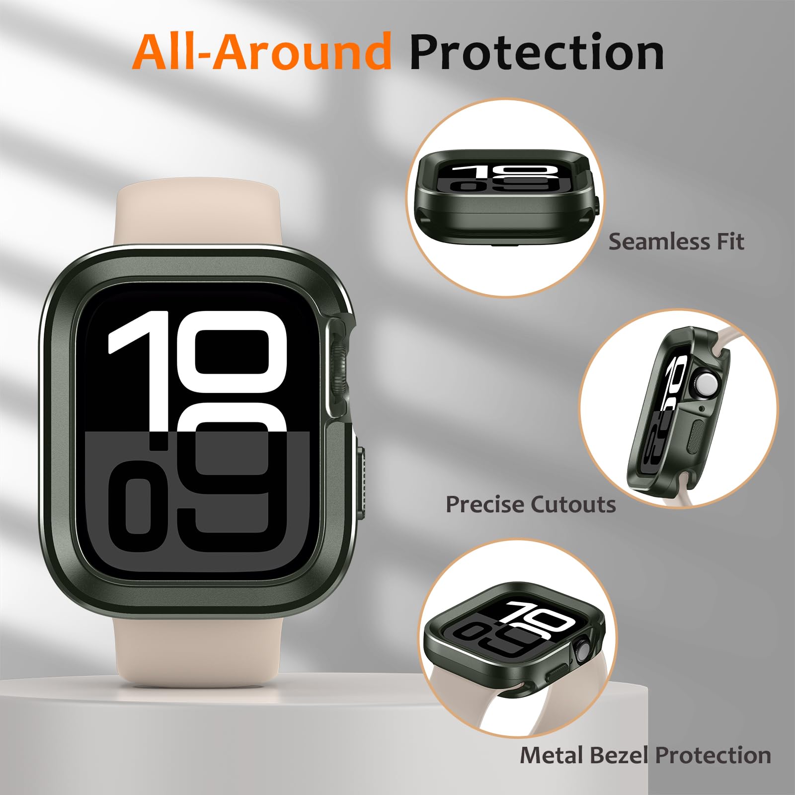 Amizee 2 en 1 Metál Funda Compatible con Apple Watch Series 11/10 46mm, Cobertura Total Resistente Arañazos Protección Carcasa para iWatch 46mm, Verde Militar