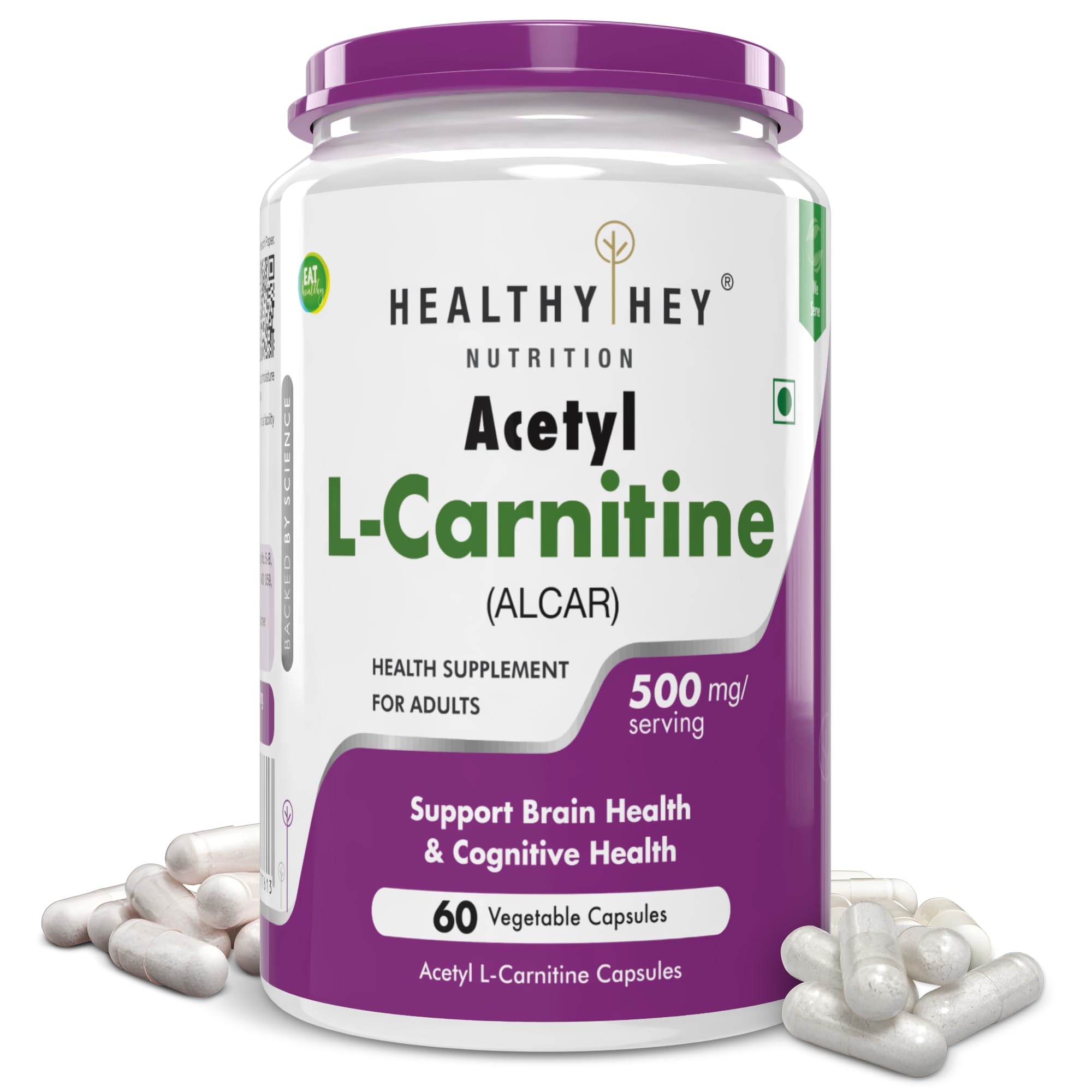 HealthyHey Nutrition Acetyl L-Carnitine (ALCAR)-60 Veg Capsules (Pack of 1)