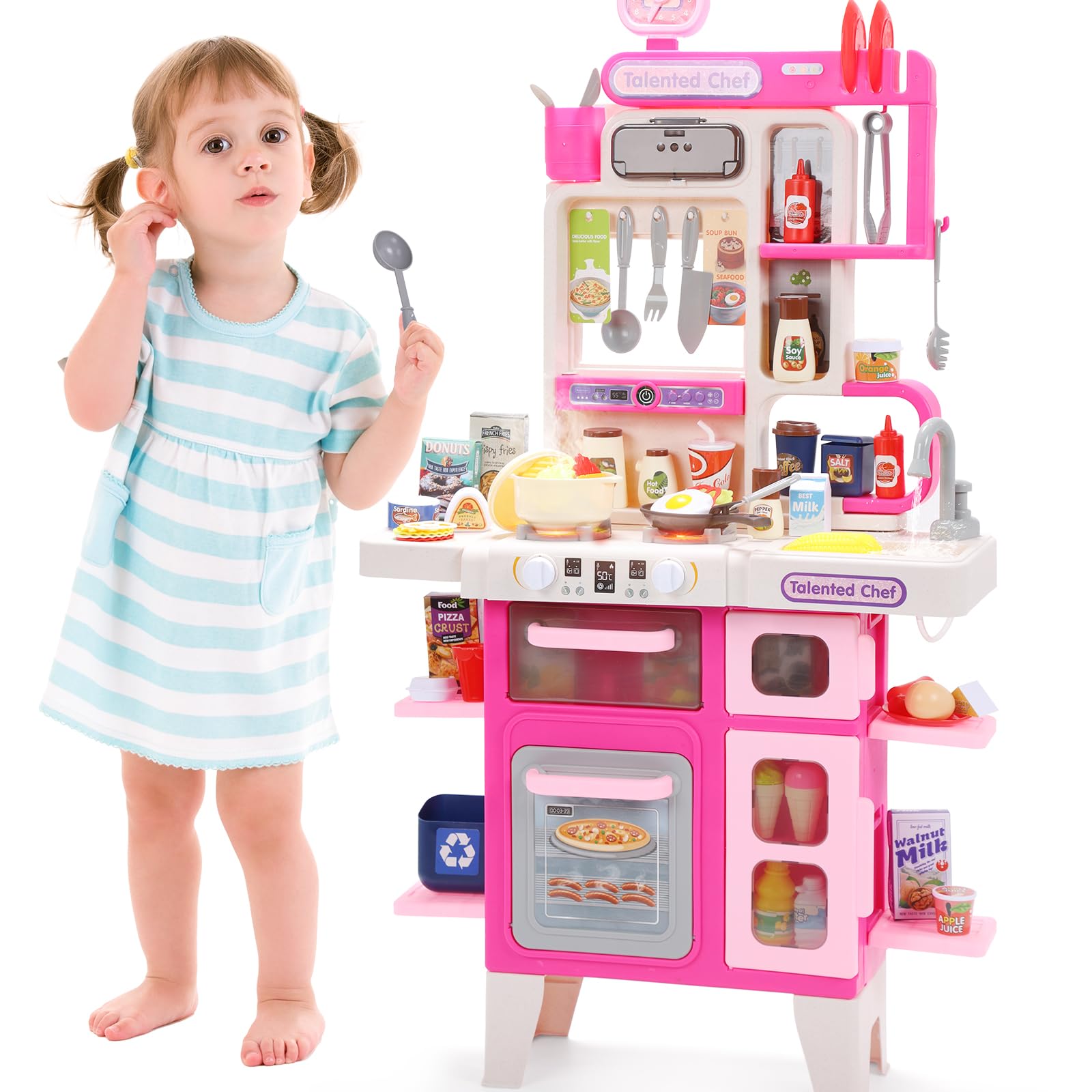 Photo 1 of CUTE STONE Kids Kitchen Playset, Play Kitchen Set with Sound & Light, Cooking Stove with Steam, Toy Sink,Play Food Toy and Kitchen Accessories for Pretend Play, Kitchen Toy Set for Toddler Girls, Pink