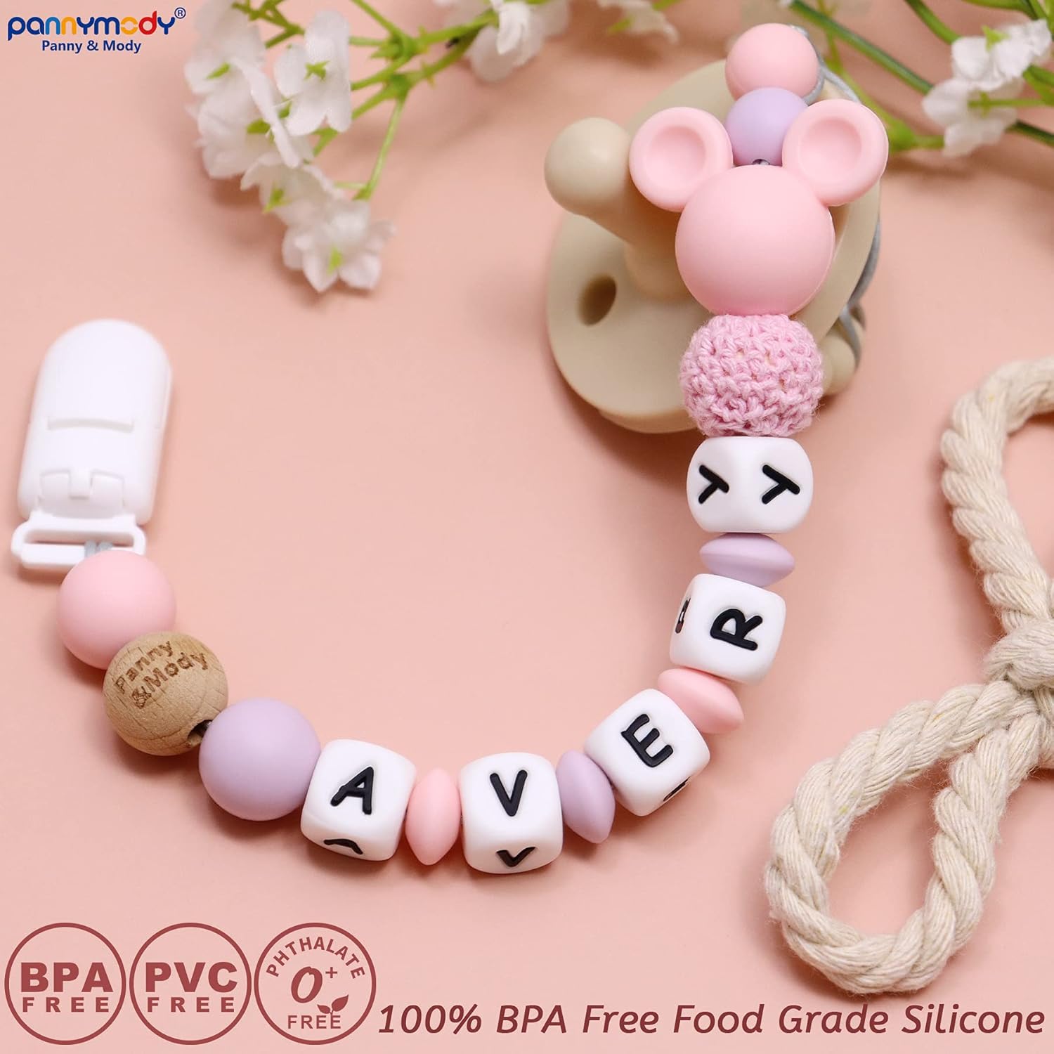 Personalized Pacifier Clip with Name, Customizable Pacifier Holder with Cute Silicone Mouse Head Pacifier Leashes with Teething Beads for Boy Girl Baby Shower Registry - Fits All Pacifier Styles(Pink) : Baby