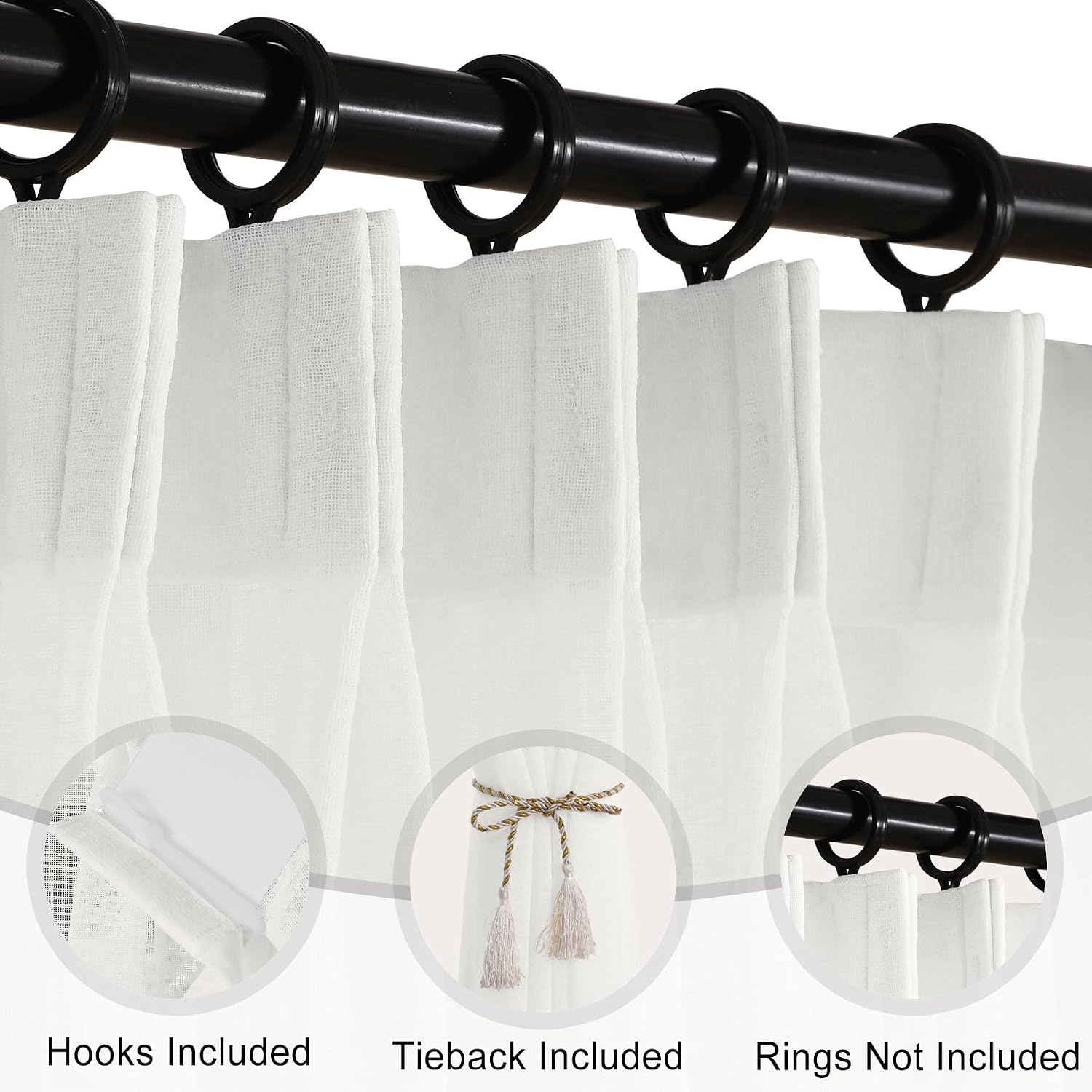 Macochico Pinch Pleated Sheer Curtains with Hooks Natural Linen Look Semi-Sheer Pleated Curtain for Living Room Bedroom Windows Farmhouse Drapery White with Tieback 52" W x 96" L 1 Panel