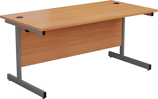 Office Hippo Heavy Duty Rectangular Cantilever Office Desk, Home Office Desk, Office Table + Integrated Cable Ports, PC Desk For Office or Home, 5 Yr Wty - Silver Frame/Beech Top, 120cm x 60cm