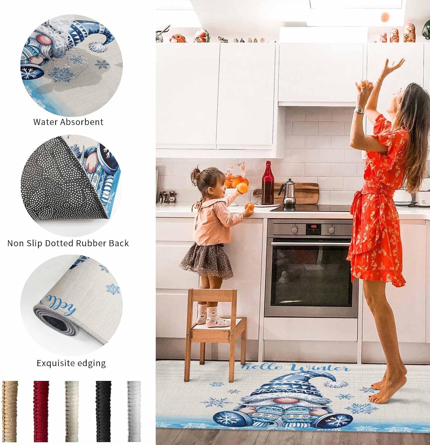 2 Piece Non-Slip Kitchen Mat Runner Rug Set Doormat Happy Winter Blue Gnome Snowflakes Door Mats Rubber Backing Carpet Indoor Floor Mat (15.7" x 23.6"+15.7" x 47.2")