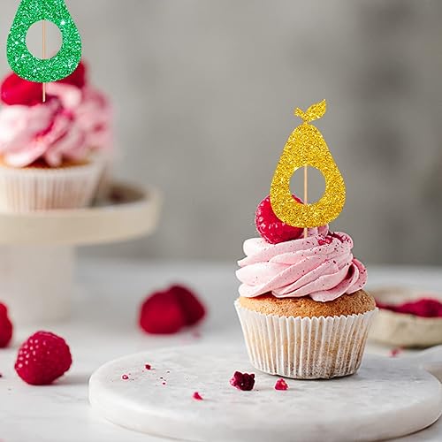 Miniatura 6 de Decoración para cupcakes de aguacate y frutas, con purpurina verde y dorada, para baby shower, decoración de pasteles para fiestaaguacate feliz,