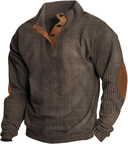 WOLWES Camisa de pana para hombre, cuello de solapa, botones, cuello alto, manga larga, suéteres tipo polo con parches en los codos