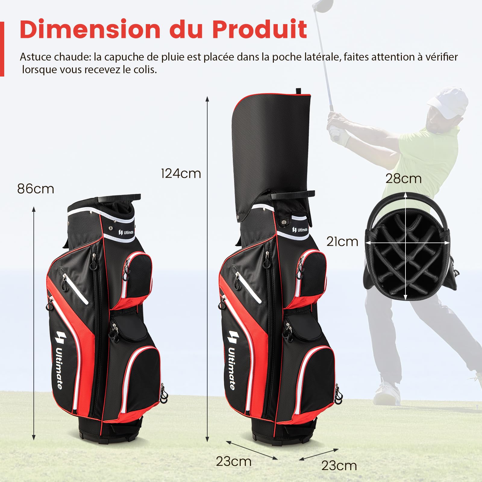 COSTWAY Sac de Golf avec 14 Compartiments, Sac de Club de Golf Portable avec 9 Poches Zippées Glacière Compartiment à Chaussures Porte-Parapluie et Housse de Pluie