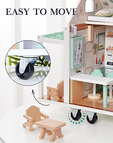 Miniatura 4 de ROBOTIME Casa de muñecas, casa de muñecas de madera con ruedas para niñas, juego de casa de muñecas móvil con más de 10 accesorios de muebles,