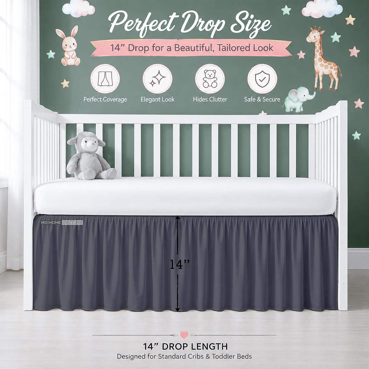 Cotton Crib Bed Skirt Dust Ruffle with Split Corners, 14" Drop, Dark Grey