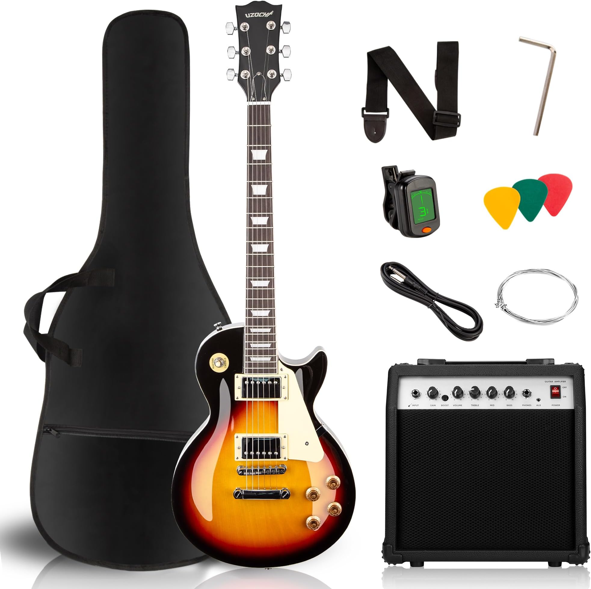 UZOCHI LP Electric Guitar Beginner Kit with 20W Amp & All Starter Accessories, Solid