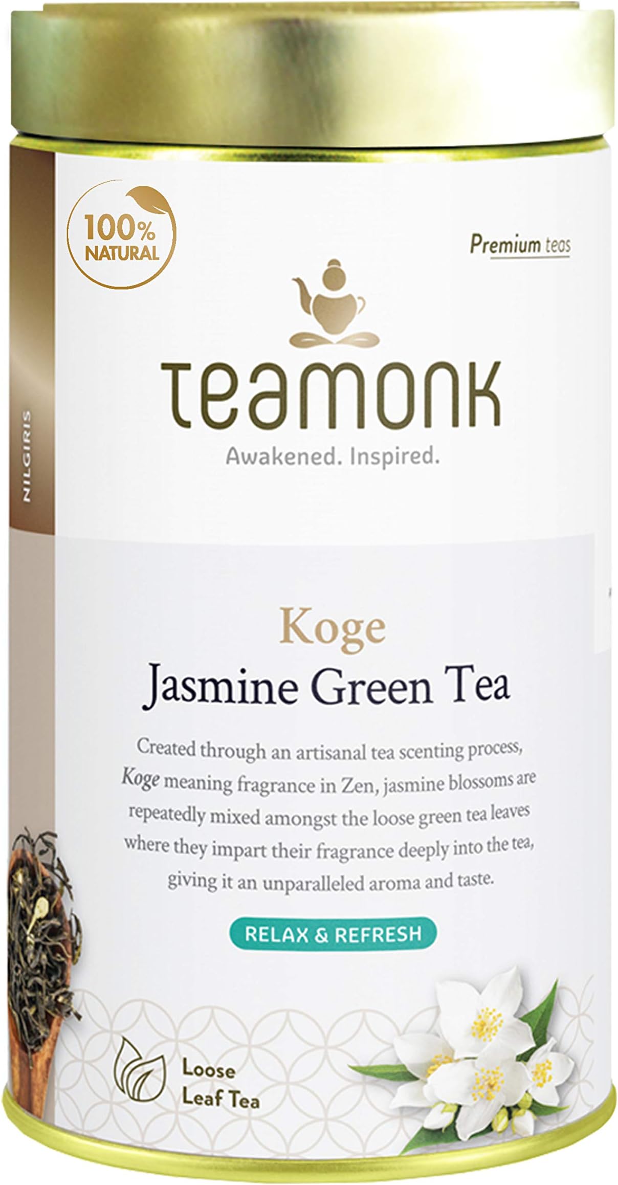 Koge High Mountain Jasmine Green Tea Whole Leaf - 200 gm Box (100 Cups) with GreenTea Loose Leaves and Freeze Dried Jasmin Flowers for Natural Flavour. Helps Lose Weight Fast. Antioxidant Rich