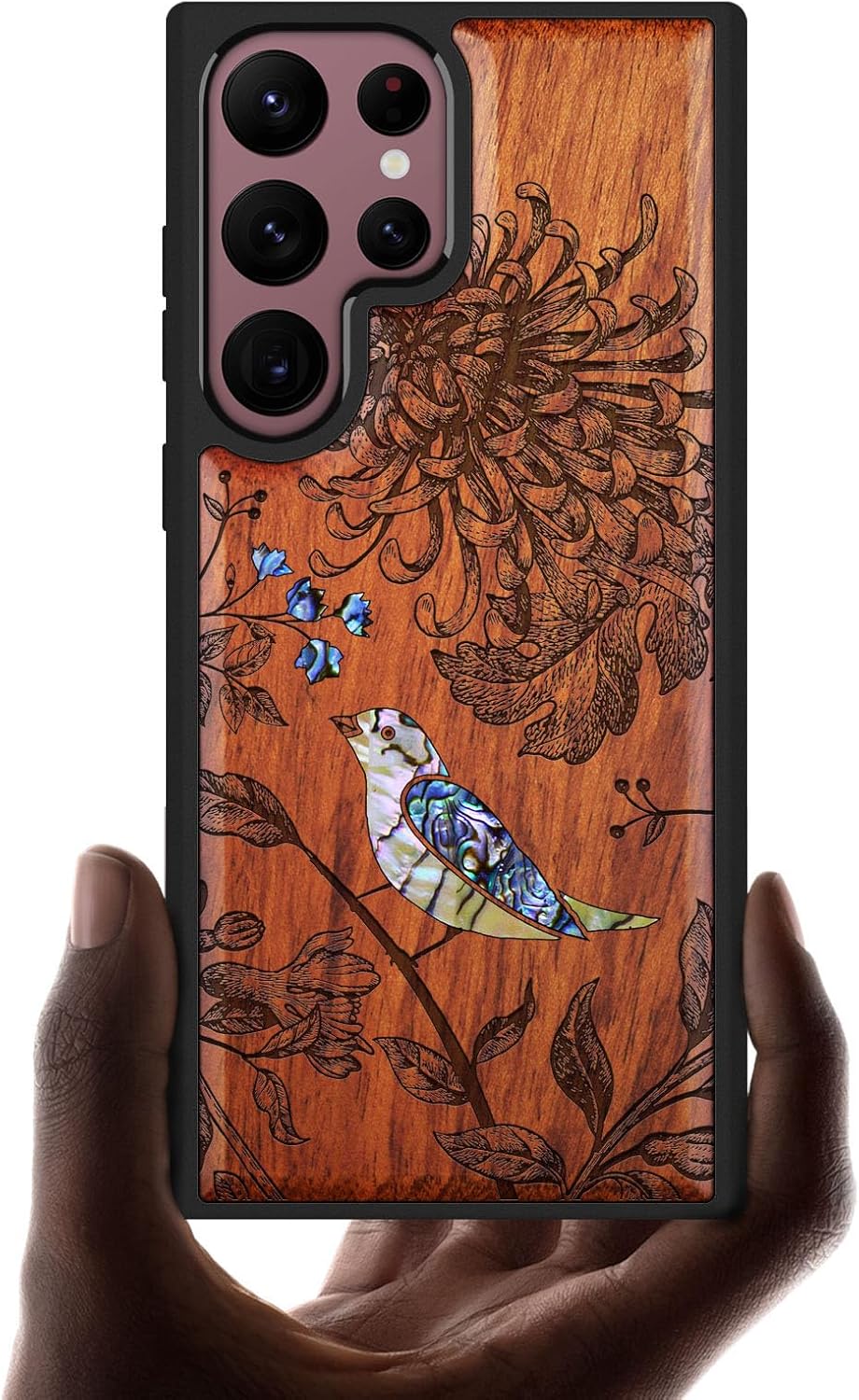 Carveit Designer Wooden Cover for Samsung Galaxy S22 Ultra Case [Wood Engraving & Shell Inlay] Compatible with Wireless Chargers Galaxy S22 Ultra (Flowers and Bird-Rosy)