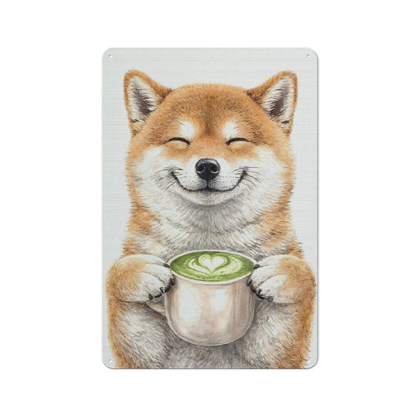 Shiba Inu with Matcha Latte Decorative Tin Sign 30x20cm, Country Country Wall Plaque for Dining Room, Cafe, Entryway Or Family Room