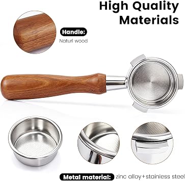 Bottomless Portafilter 54mm, 3 Ears Coffee Portafilter with Puck Screen and Filter Basket, Compatible with Sage Breville Barista Series, Bottomless Portafilter with Solid Wood Handle