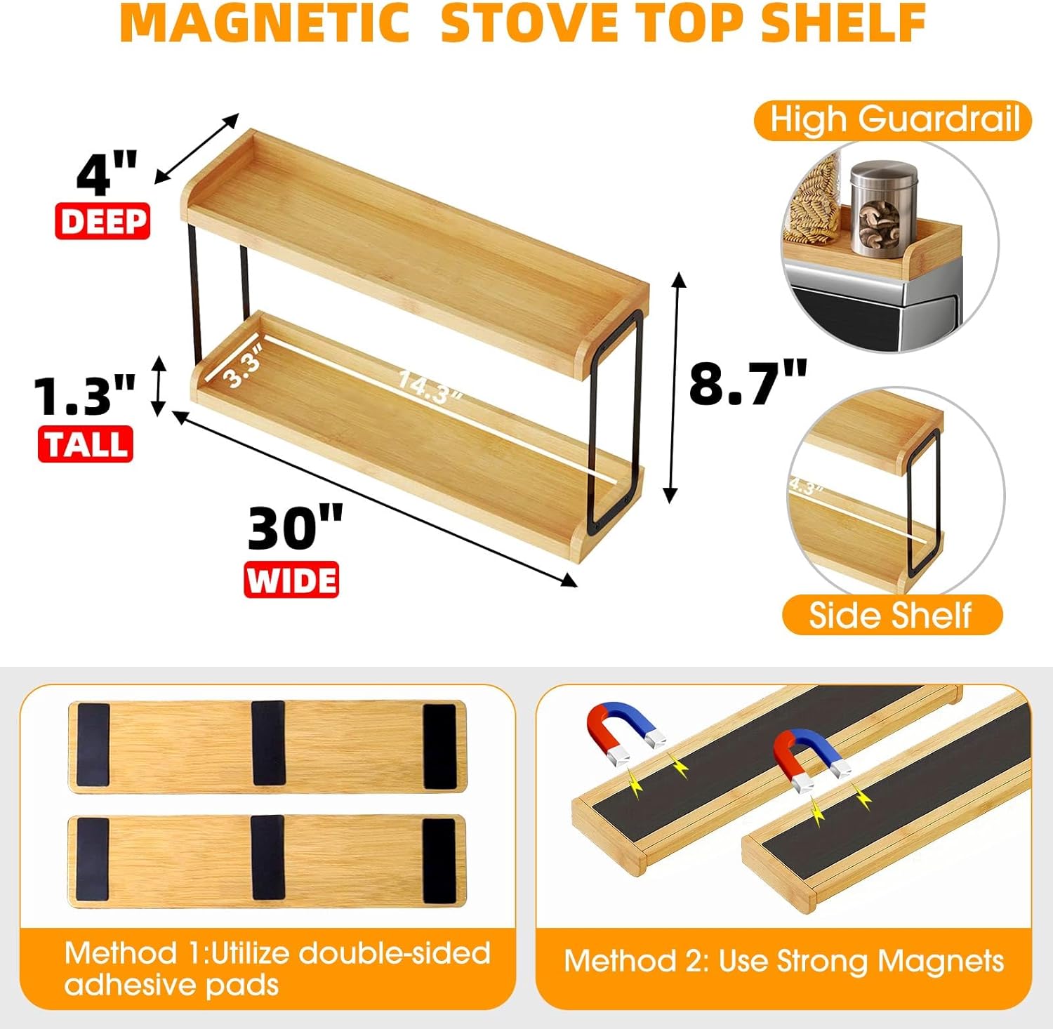 30" Magnetic Stove Top Shelf,Over Stove Shelf,Wooden Over Oven Shelf,Heat-Resistant Stove Shelf for Back of Stove, Space-Saving Kitchen Storage(Wood Color, 2 Layer 2 pcs)