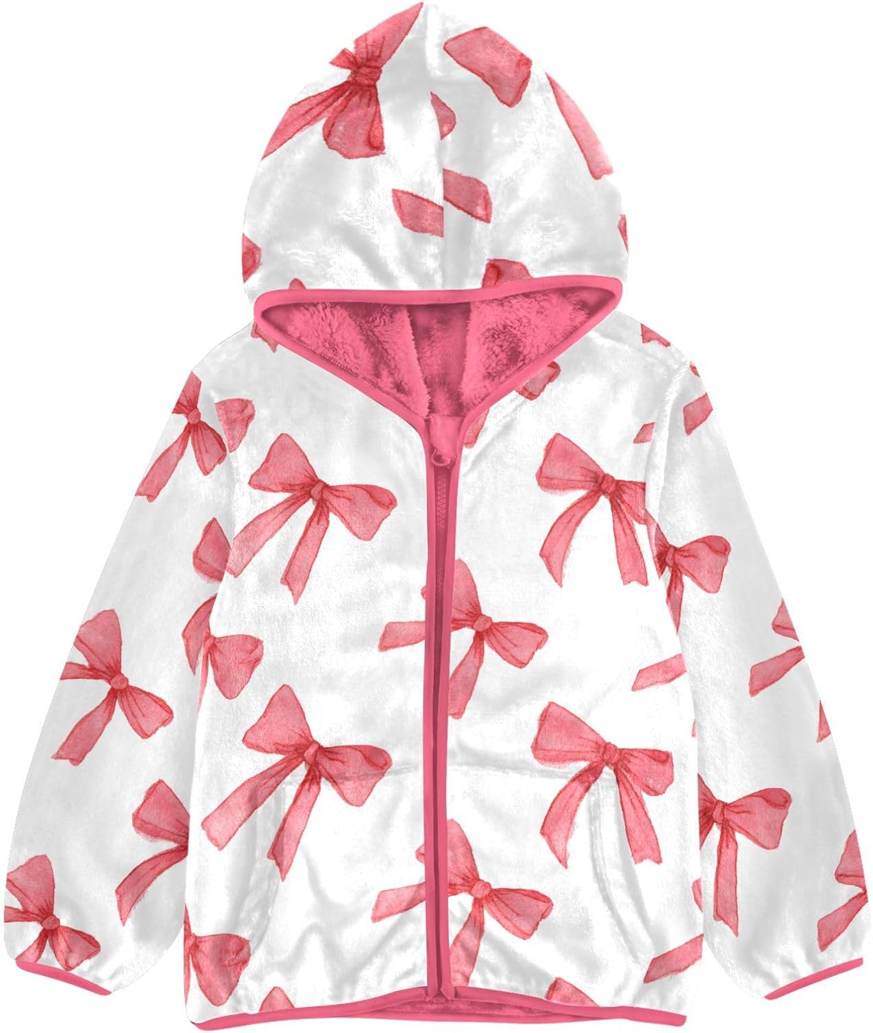 Girls Hoodie Outfit Red Watercolor Bow Pattern Zipper Sweatshirt Coat Fleece Jacket for Kids 3-10T