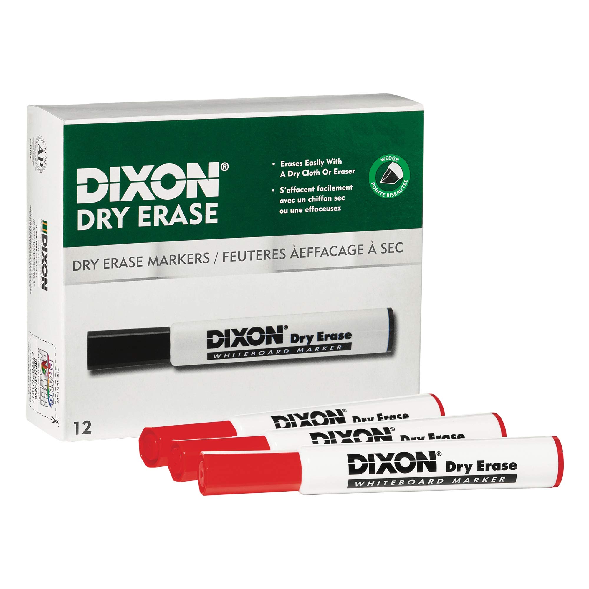 Feutres effaçables Dixon rouges avec pointe biseautée pour tableau blanc en lot de 12