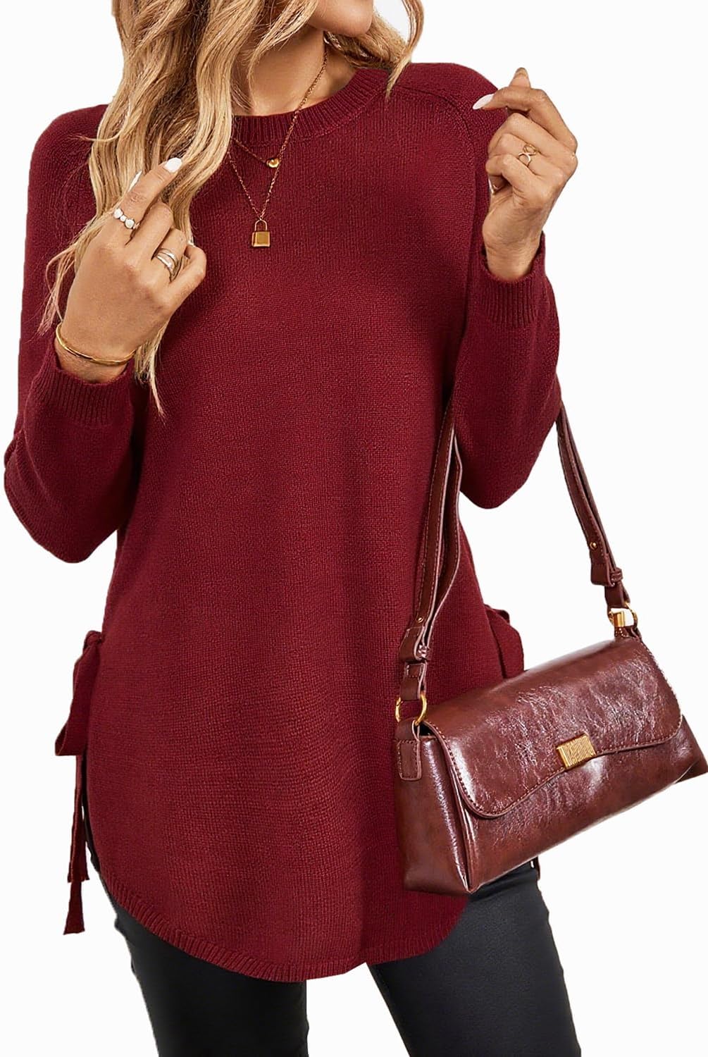 Womens Fall Crewneck Long Sleeve Tunic Sweaters Pullover Work Casual Side Slit Curved Asymmetrical Hem Bow Tie Knit Tops