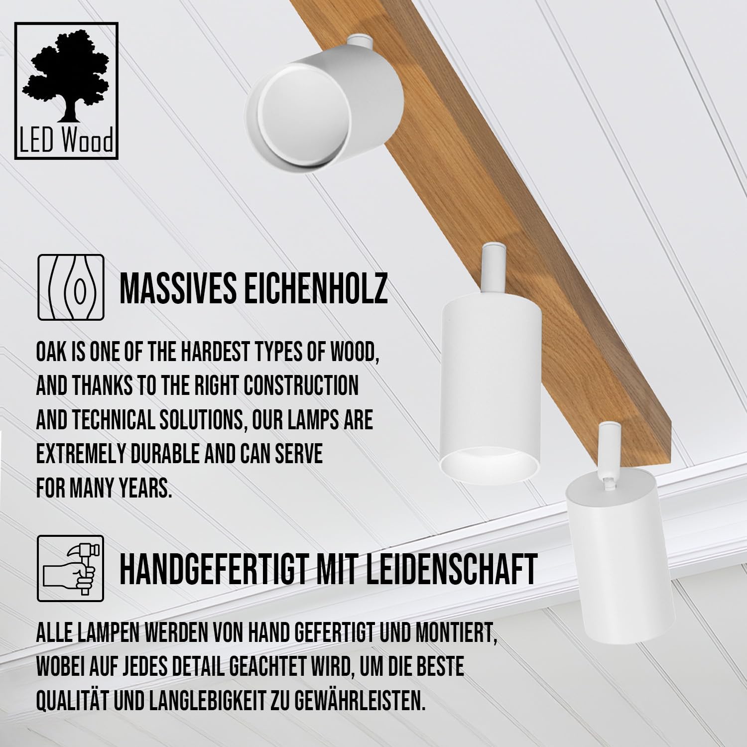LED Wood Deckenstrahler 3 Flammig Schwenkbar - Handgefertigte Spots Deckenleuchte Modern aus Eiche - Strahler Deckenlampe Holz - GU10 Spotlight Lampe Wohnzimmer (Ohne Glühbirne) - Länge 60 Cm