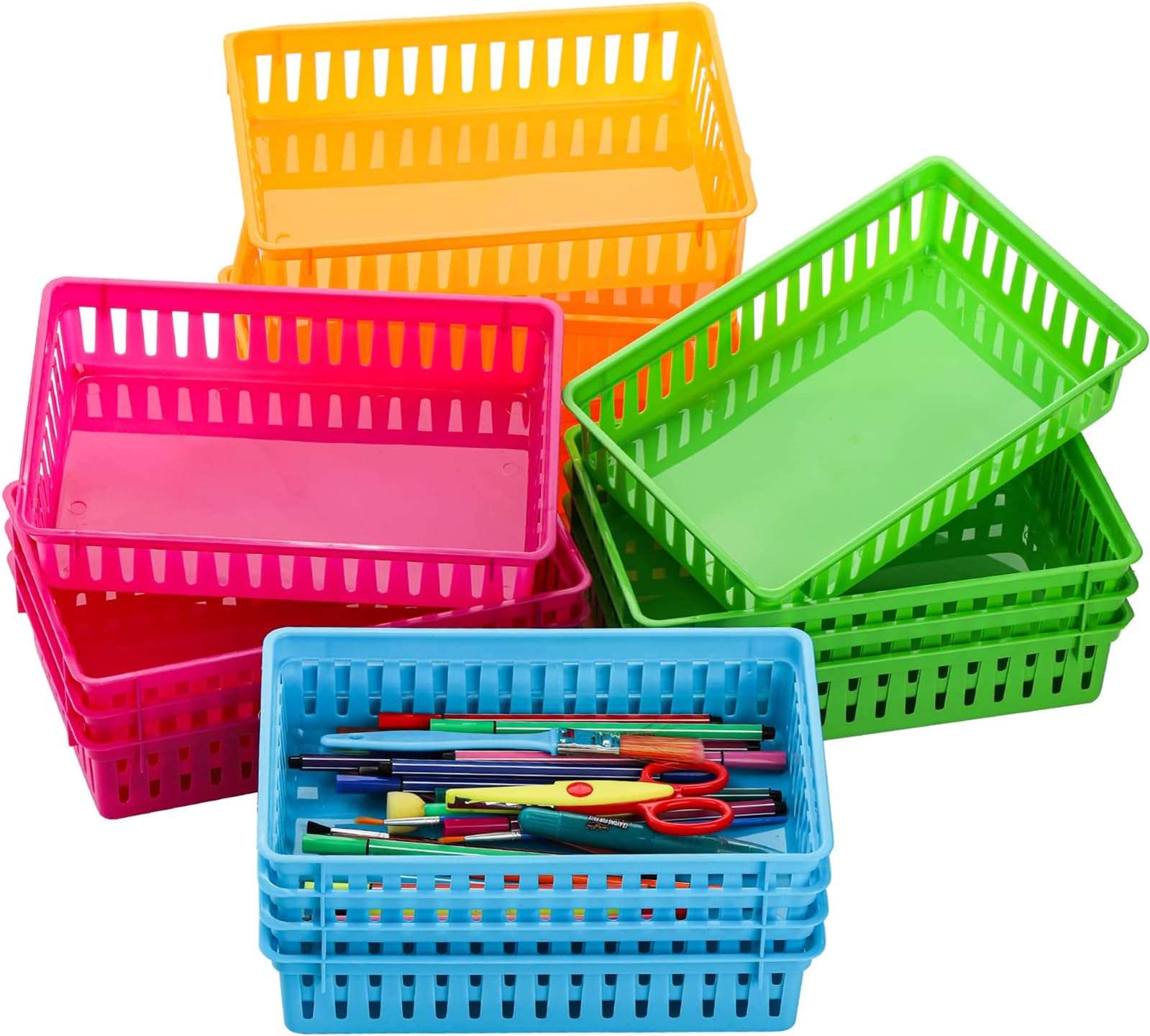 DEAYOU 16 Pack Classroom Storage Baskets Bins, Small Plastic Organizer Basket, Colorful Storage Trays, Crayon Pencil Containers for Paper, Desk, Shelf, Home School Office, 26 x 16.5 x 6.2 cm