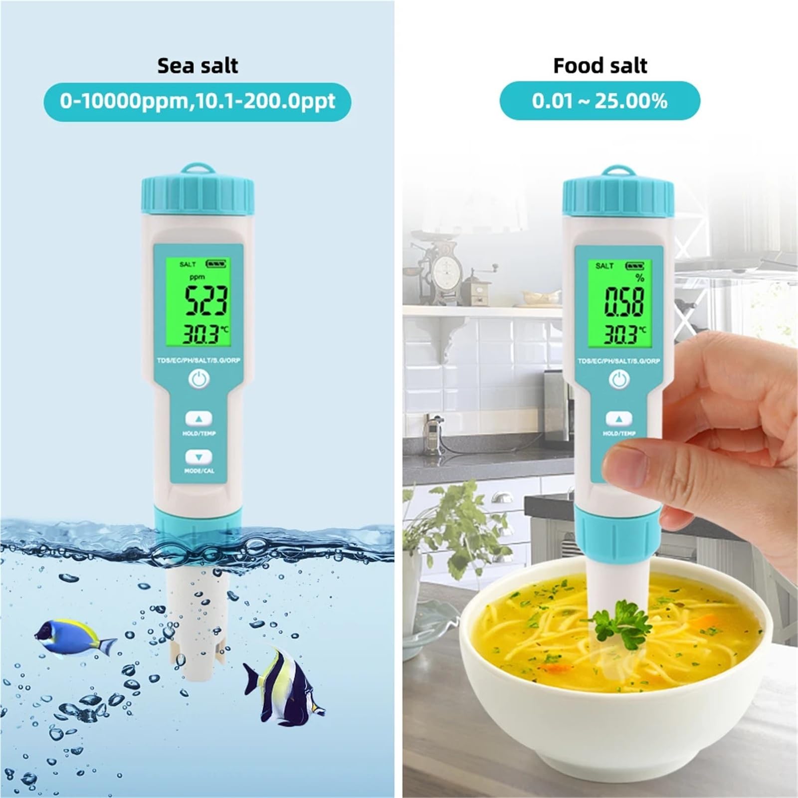 BASSFLY Tester dell'Acqua, Misuratore di salinità 7 in 1 PH TDS EC ORP SG Temp Tester qualità Acqua IP67 Monitor for Piscine Strumento analisi for acquari Acquario, Piscina