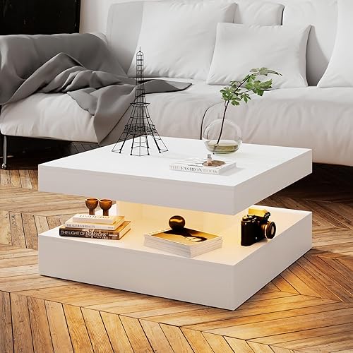 Miniatura 1 de Mesa de centro LED blanca con almacenamiento para sala de estar, moderna mesa central cuadrada alta y alta, estante de exhibición de 2 niveles, 20