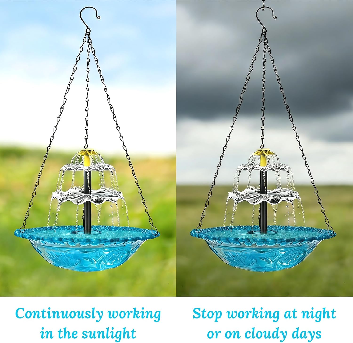 Hanging Solar Bird Bath Fountain - 3 Layers Outdoor Hanging Bird Bath with Solar Fountain, Hanging Bird Bath with Flowing Water for Outdoors Patio Backyard Lawn Garden Decor (Blue)