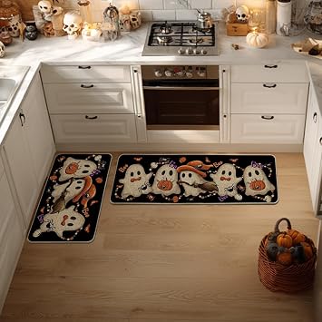 Artoid Mode Cute Ghost Boo Halloween Kitchen Mats Set of 2-17x29+17x47 | Low-Profile Floor Switch Mat for Indoor Outdoor