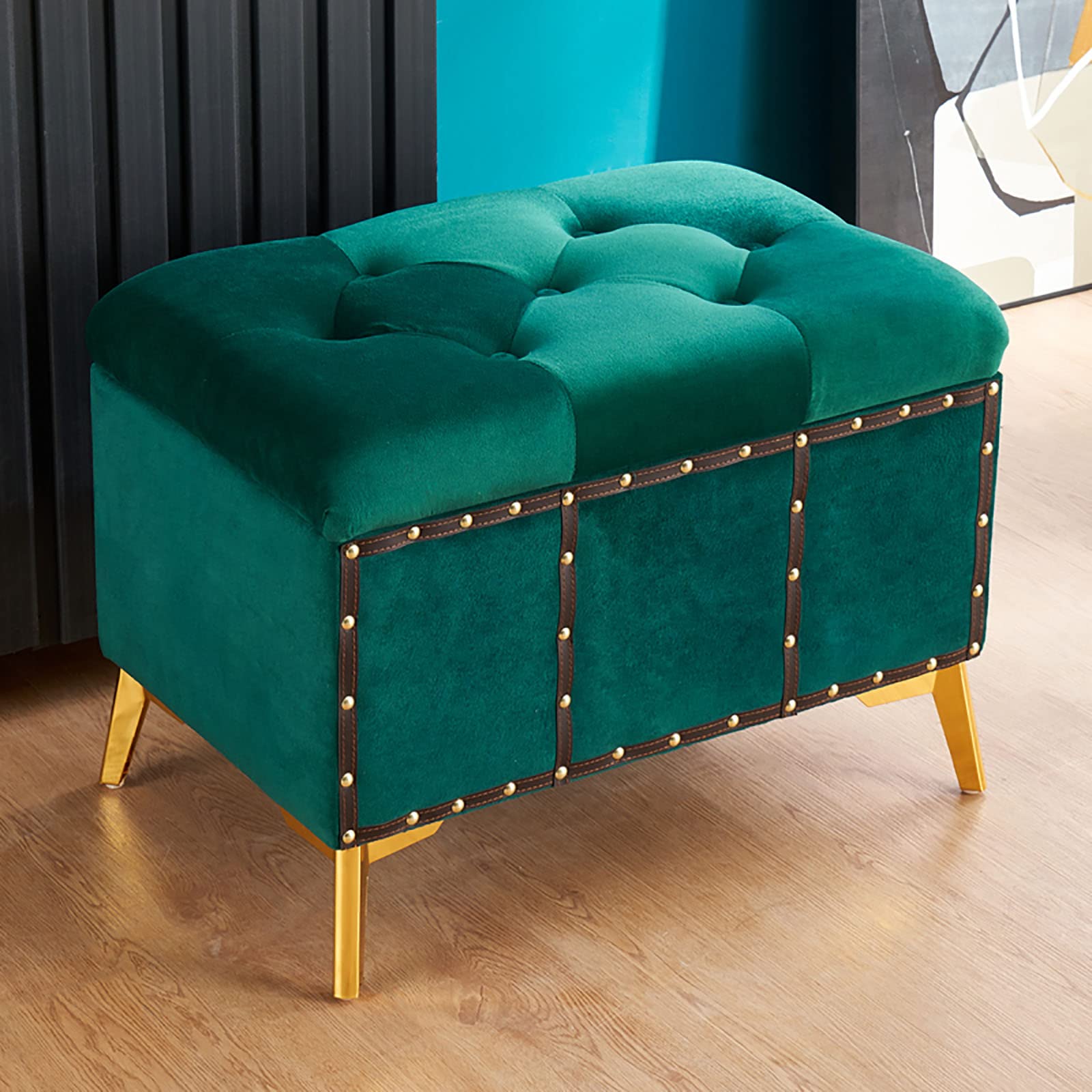 Repose-pieds en velours vert foncé 60x40x45cm avec rivets pour entrée