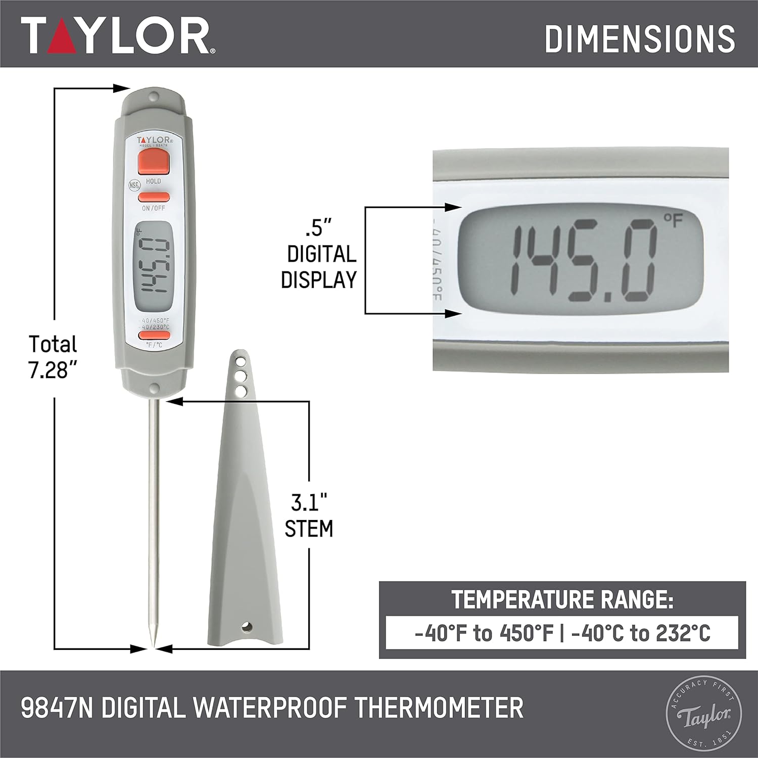 review Taylor Precision Products Waterproof Digital Instant Read Meat Food Grill BBQ Kitchen Cooking Thermometer, Comes with Sleeve Extender and Lanyard