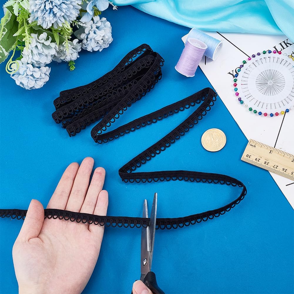 PH PandaHall 21.87 Yards Petite Braid Trim, Black Polyester Lace Trim with Elastic Button Loop Elastic Sewing Trims for DIY Craft Sewing Wedding Corset Bridal Dress Decor, 1.2cm Wide