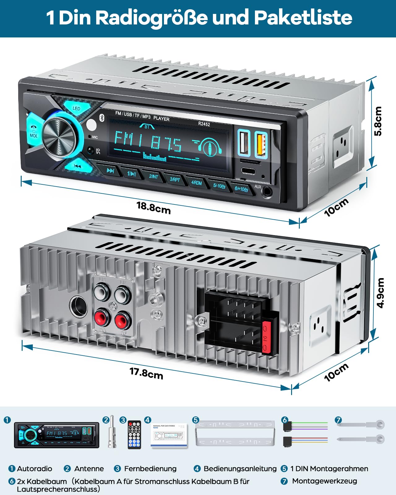 CENXINY Autoradio 1 DIN Bluetooth mit Type-C Ladeanschluss AM/FM Radio 2USB AUX SD TF Android iOS