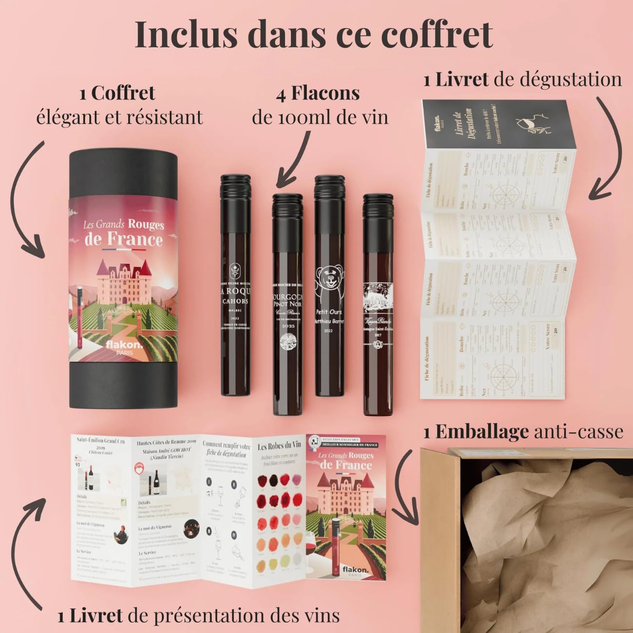 FLAKON – Coffret Les Grands Rouges De France – Sélection Exclusive Par Un Meilleur Sommelier De France – Dégustation Guidée En Vidéo – Idée Cadeau Homme – Coffret Vin Premium À Partager