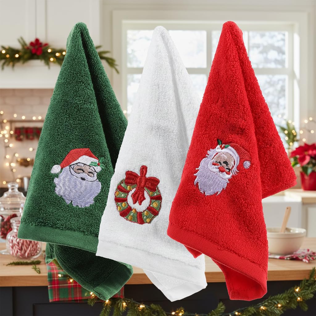 BESPORTBLE 3er Set Weihnachtshandtücher - Dekorative - Bestickte Geschirrtücher Für Küche Und Badezimmer Geschenkidee in Rot Grün Weiß Baumwolle Saugfähig