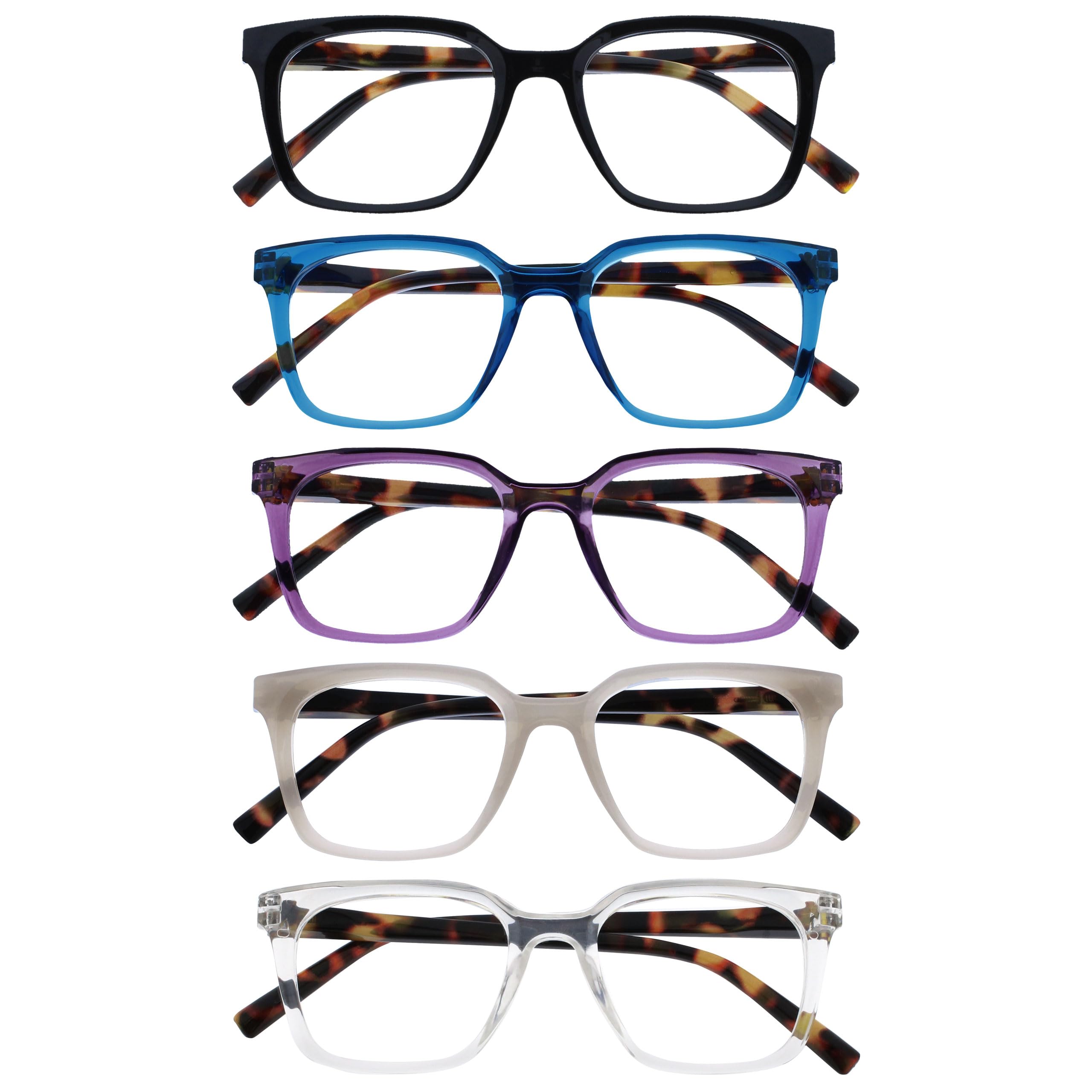 OPULIZE KOI Reading Glasses 5 Pack, Large Rectangular Frame, Black-Blue-Purple-Grey-Clear, Mens Womens- Spring Hinges