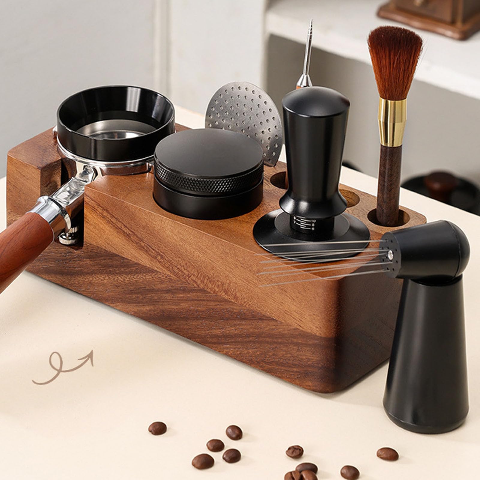 Kit de Accesorios para de 58mm, Estación de Apisonado de Madera, | Juego de manipulación de café, distribuidor de agujas, cepillo, pantalla de filtro, anillo de polvo, herramientas para