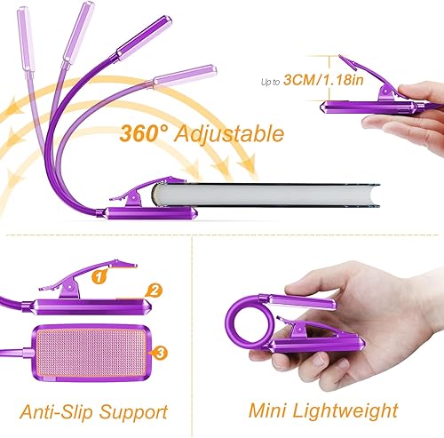 Vista 37 de Gritin Luz de libro recargable de 9 LED para leer en la cama, cuidado de los ojos, 3 temperaturas de color, brillo de atenuación continua, 80 horas