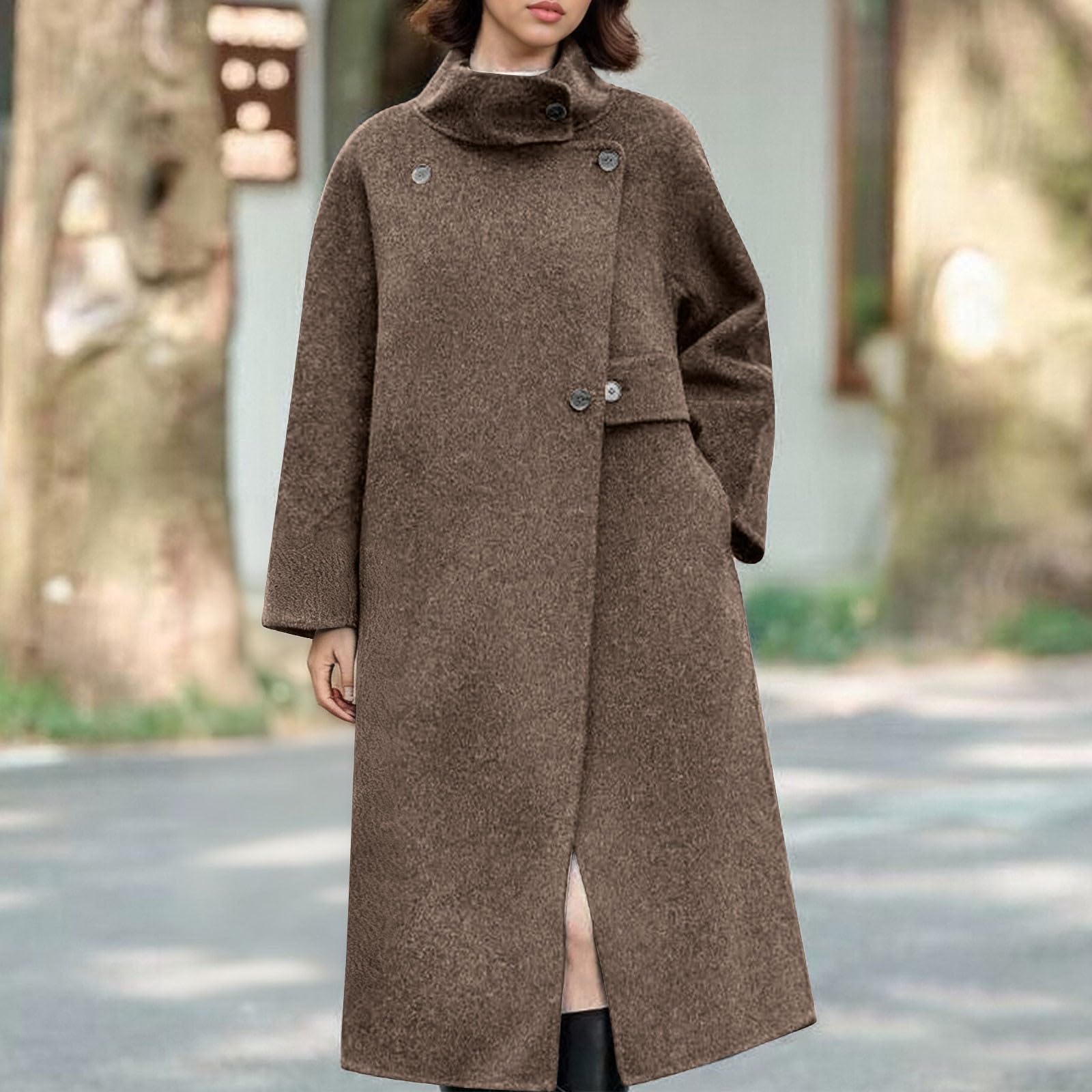 Lang Trenchcoat Damen mit Stehkragen Mantel mit schrägem Verschluss