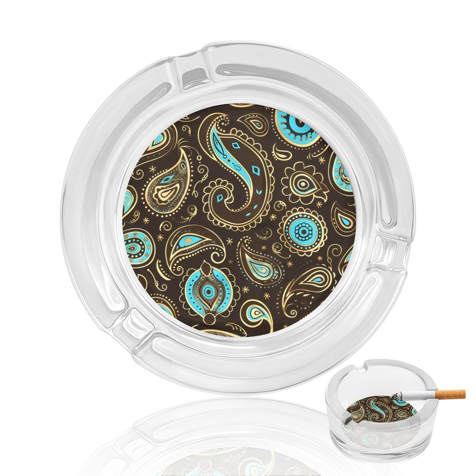 Brown Paisley Pattern Ashtray Portable Round Glass Outdoor Ash Tray for Home Office Garden Pub