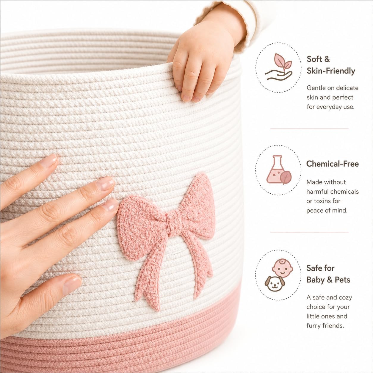 Baby Laundry Basket, Toy Storage Basket for Kids, Large Nursery Storage Basket with Pink Bow Design, Cotton Rope Organizer Bin with Handles for Toys, Blankets, Clothes and Baby Essentials