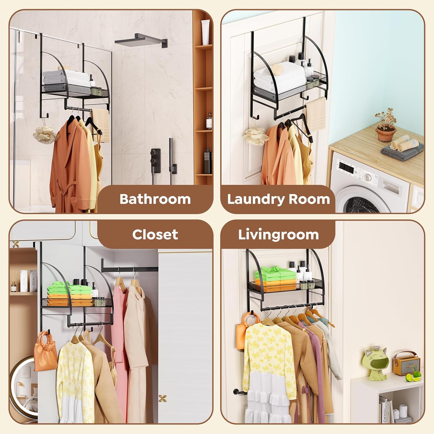 Over The Door Clothes Hanger Drying Rack, Over Door Drying Rack with Storage Basket and Hooks for Hanging Towels, Coats & Clothes, Door Hanger Organizer for Bathroom Laundry Dorms Washroom (Black)