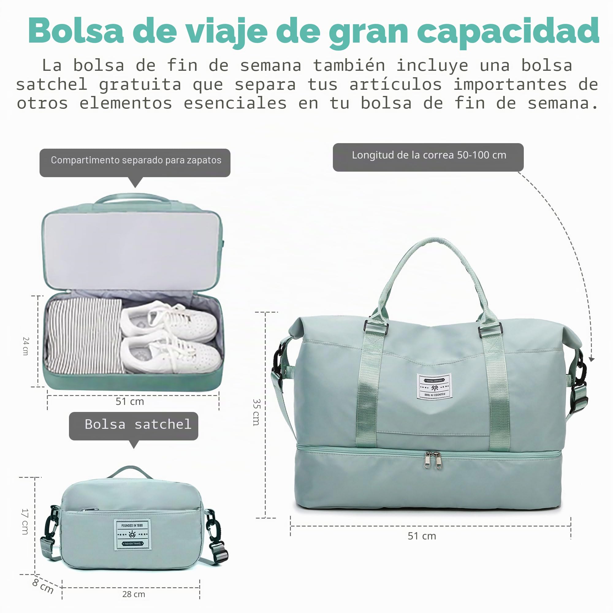 Bolsas de Viaje Bolsas de Deporte Bolsa de Gimnasio Impermeable Bolsa de Mano Equipaje Fin de Semana con Bolsa Húmeda y Zapatero para Hombre Mujer (Verde Claro)