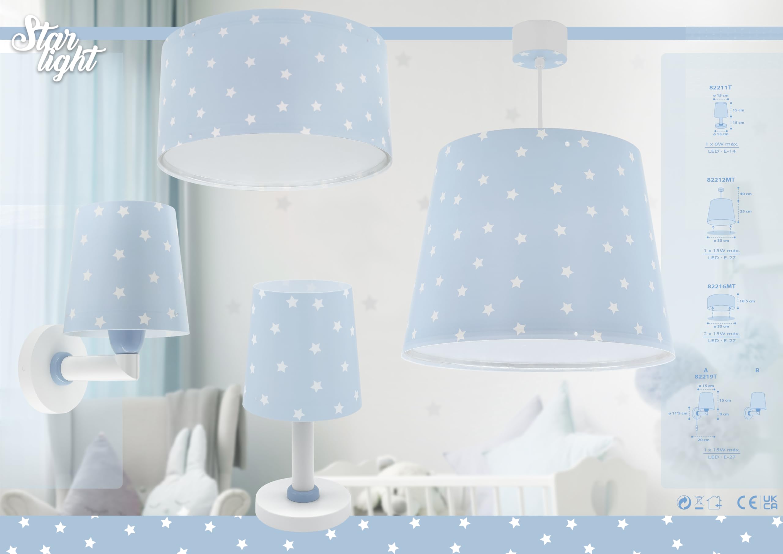 Dalber Lámpara Aplique Pared Infantil Estrellas Azul 82219T E27 | Lámpara aplique de pared con instalación directa a la corriente o mediante cable con interruptor incluido. Star Light