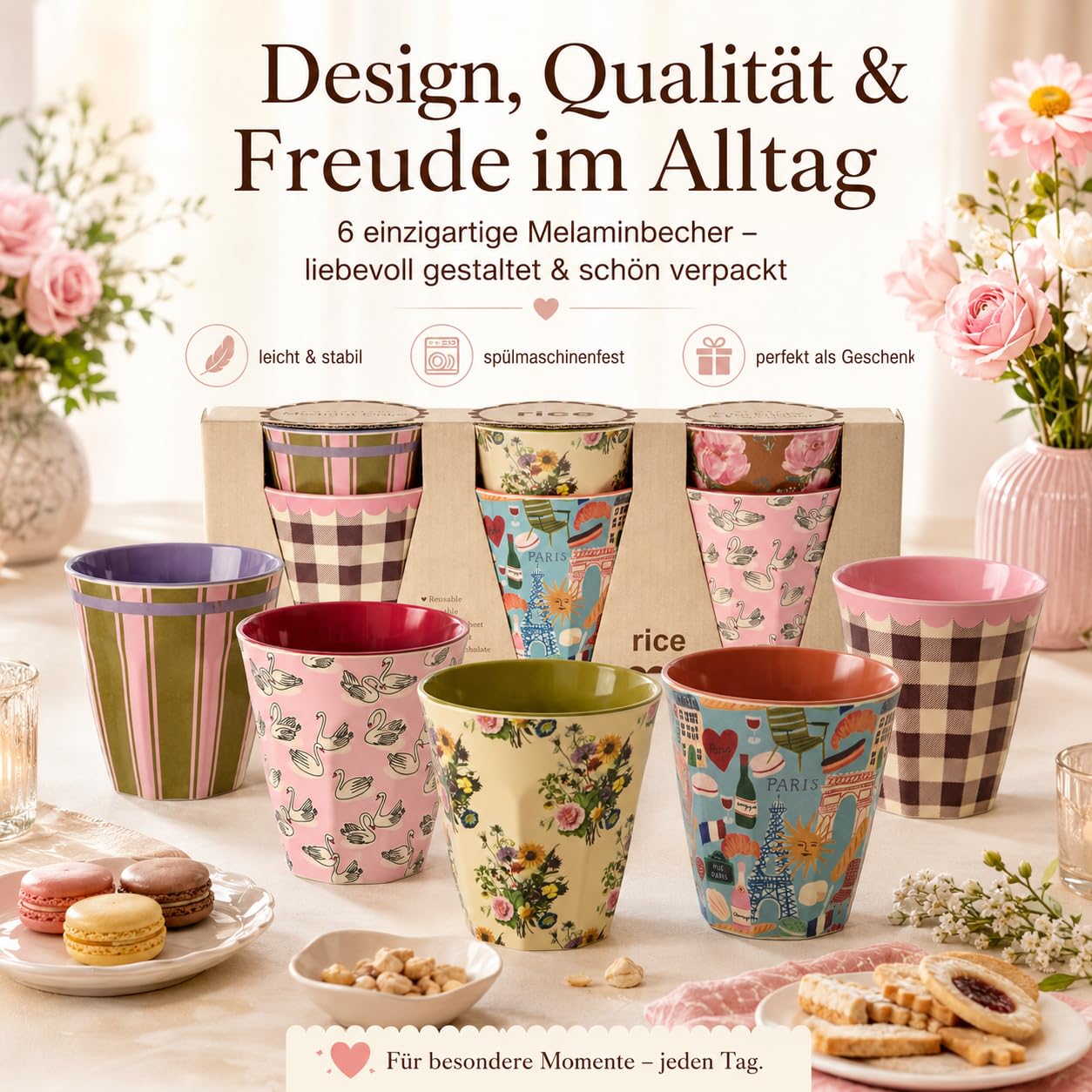 ReWu RICE Melaminbecher 6er Set Bon Vivant Design, 250 ml, bunt