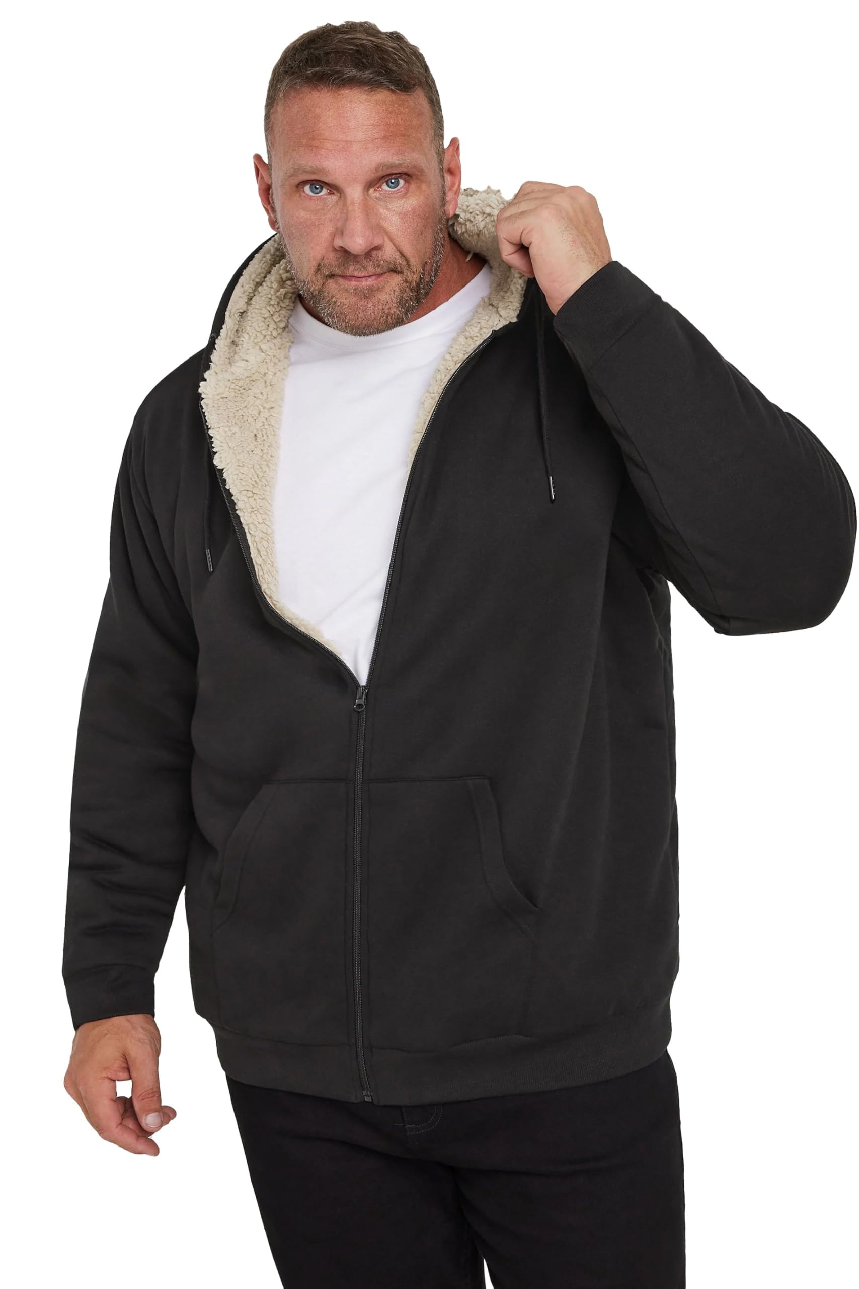Badrhino Men's Black Big & Tall Borg Zip Through Hoodie - Plus Size Curve
