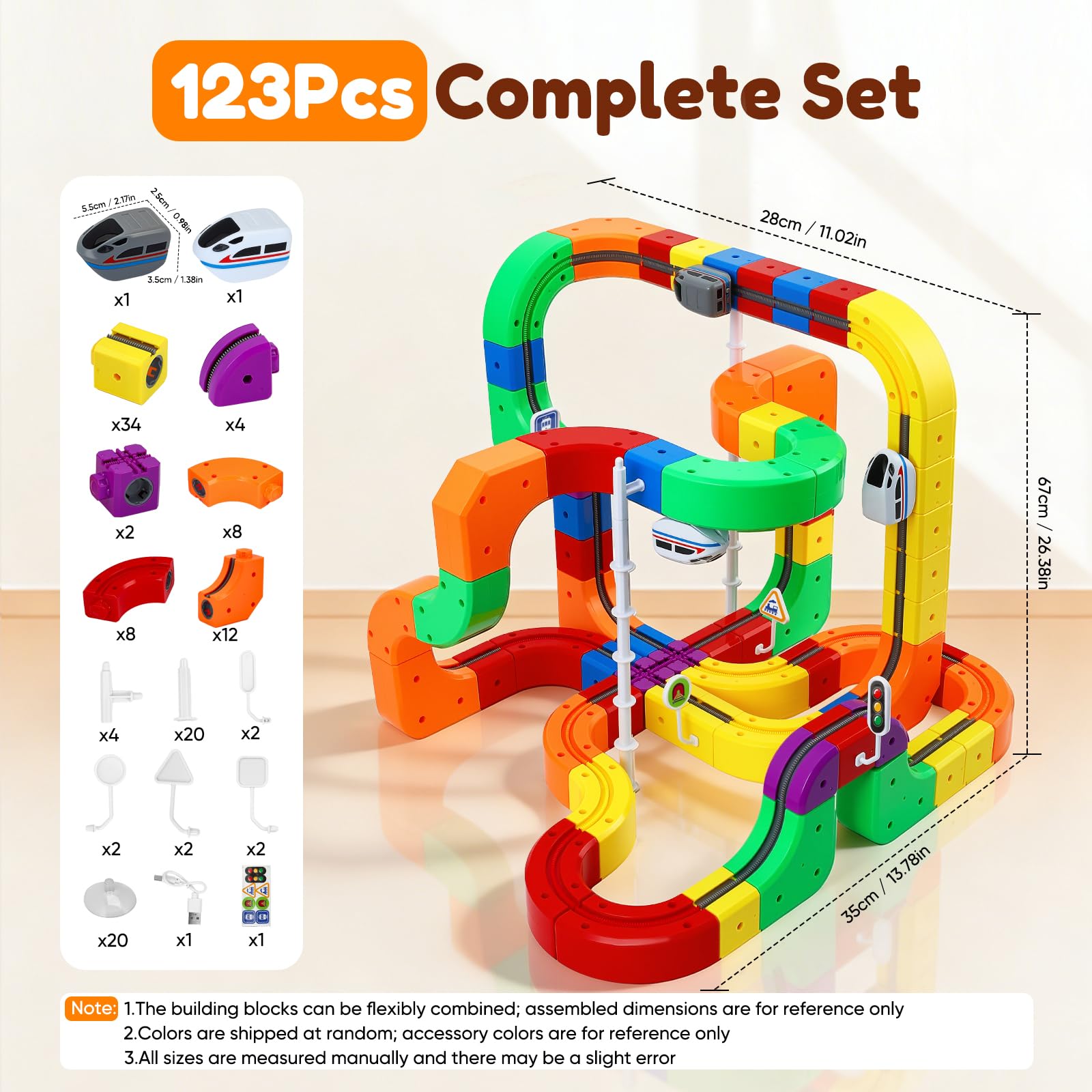 Set di treni cubici Magic Rail da 123 pezzi, set di treni elettrici, layout 3D incorporati, pista da corsa flessibile, giocattolo per la costruzione di auto motorizzate che sfidano la gravità